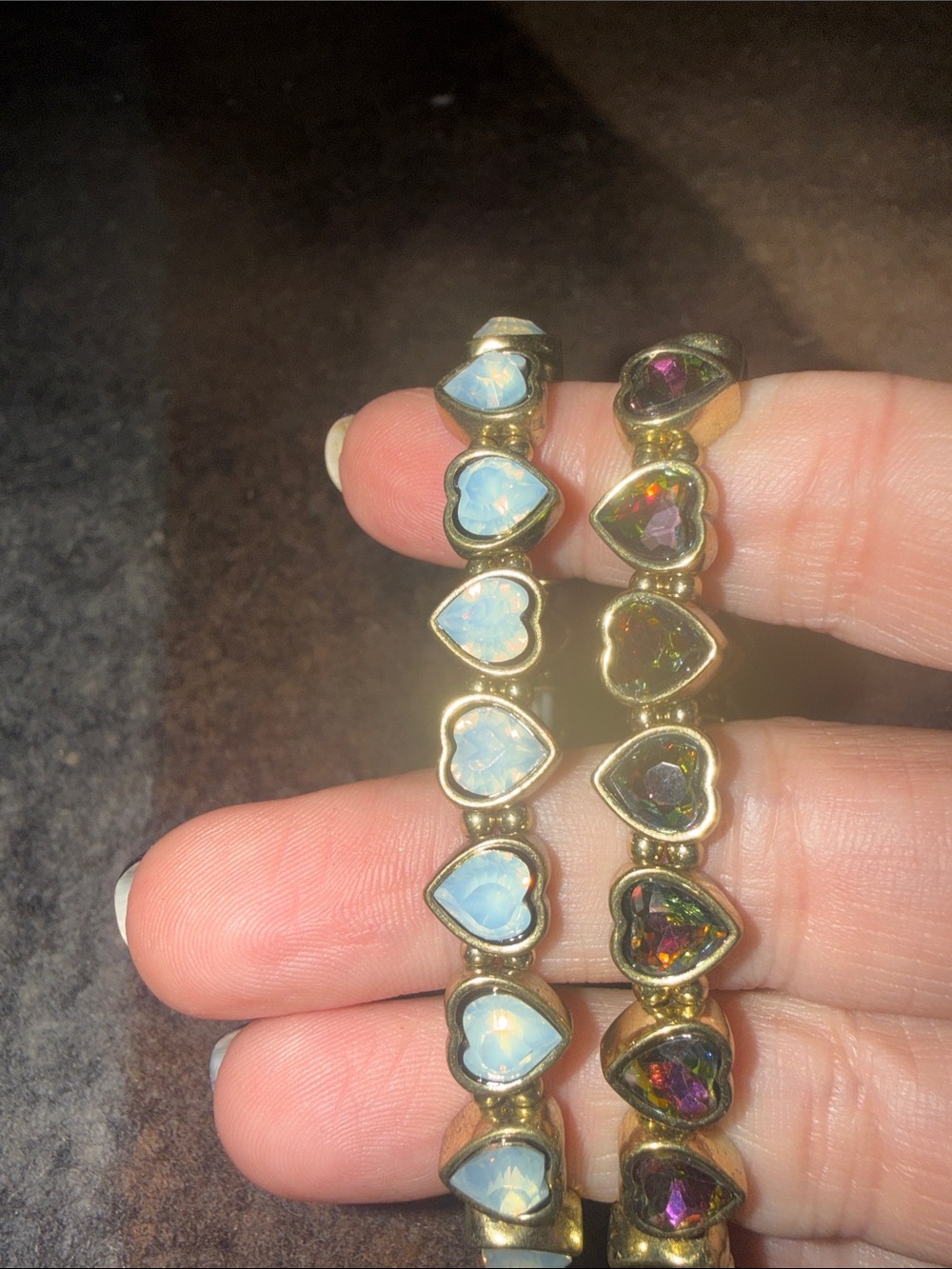 Gold Heart Opal Stretch Bracelet — White and Multi-Color